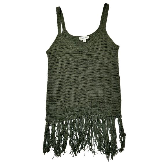 Cloud Chaser Tops - Olive Green Crochet Fringe Hem Tank Top Boho Festival Knit Women's Small Indie